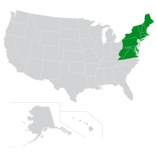 Map of the Northeast region of the U.S.