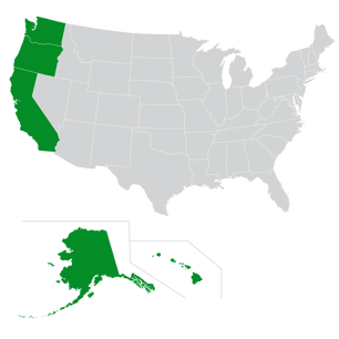 Map of the West Coast region of the U.S.