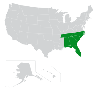 Map of the Southeast region of the U.S.