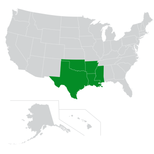 Map of the South Central region of the U.S.